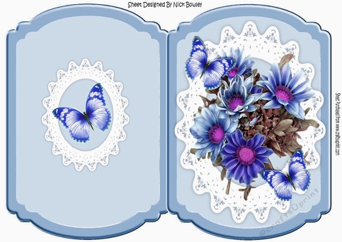 pretty blue flowers with butterflies on oval lace bracket card