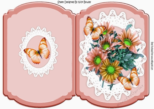 pretty peach flowers with butterflies on oval lace bracket card