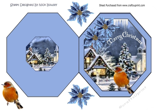 christmas snow scene with robin & blue poinsettias 