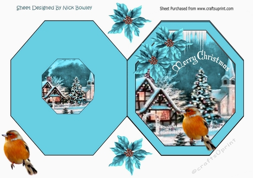 christmas snow scene with robin & turq poinsettias