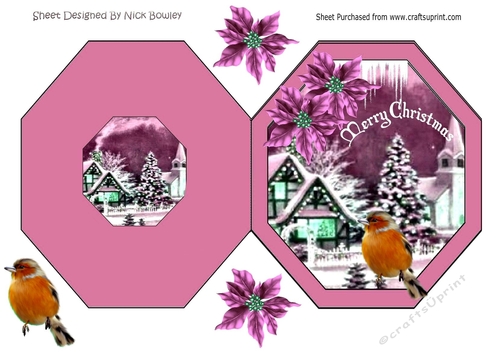 christmas snow scene with robin & pink poinsettias