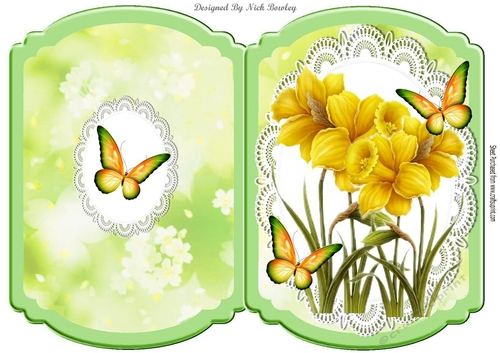 pretty yellow daffodils with butterflies on lace cut and fold card
