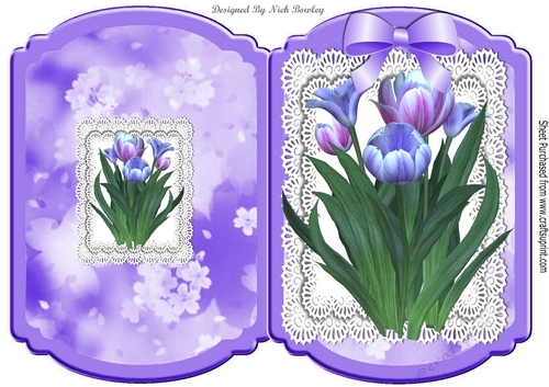 pretty lilac/pink tulips on lace with bow cut and fold card