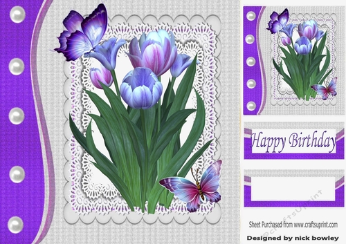 Pearls, butterflies & lace with lilac/pink tulips 8x8