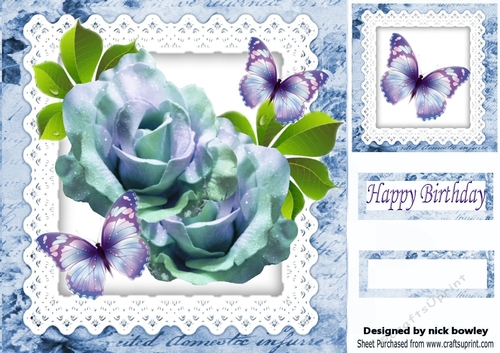 Pretty lilac/blue roses with butterflies on lace 8x8