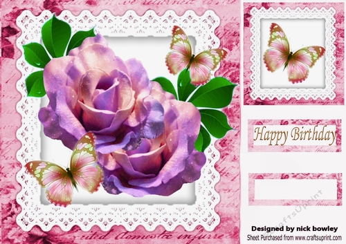 Pretty pink roses with butterflies on lace script 8x8