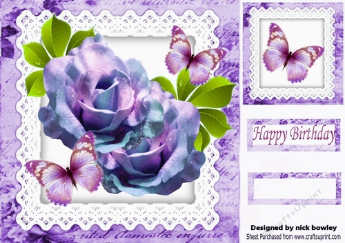 Pretty purple roses with butterflies on lace script 8x8