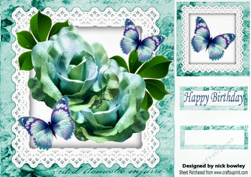 Pretty turq roses with butterflies on lace script 8x8