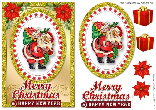 Jolly santa with sack of presents in gold glitter frame A5
