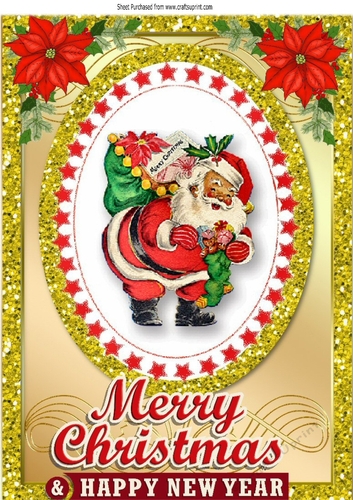 Jolly santa with sack of presents in gold glitter frame A4