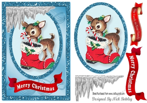 Little reindeer with santa boot  in glitter frame A5