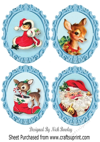 A variety of 4 christmas toppers in blue ornate frame