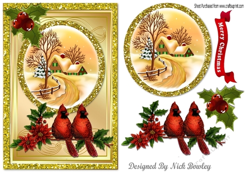  cottage snow scene with red cardinals & holly in glitter frame