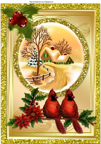 cottage snow scene with red cardinals & holly in gold glitter frame A4