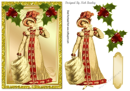 vintage lady in her winter coat with holly A5