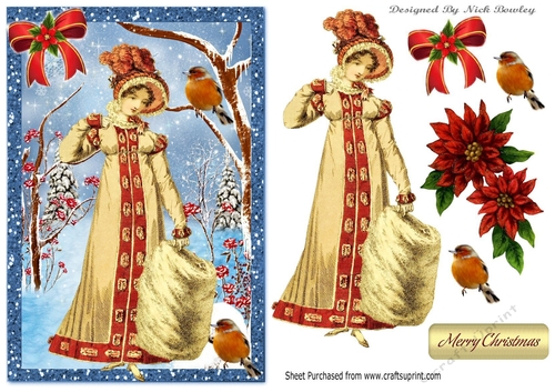vintage lady in her winter coat in the snow with robins A5