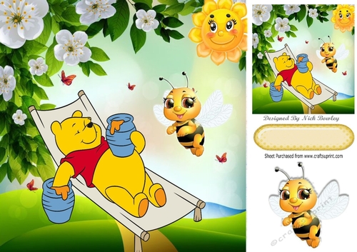 Lazy bear lazing in the sun with his honey and bee 8x8 