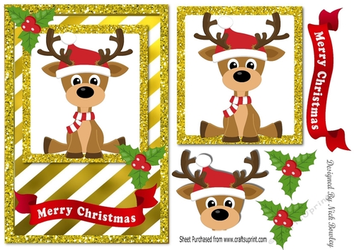 Cute reindeer in gold stripe glitter frame card front with holly