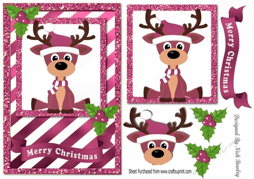 Cute reindeer in pink stripe glitter frame card front with holly