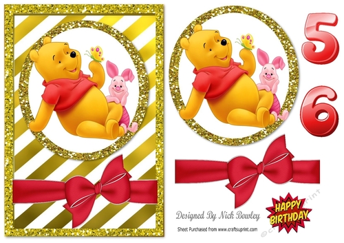 cute bear and piglet in gold stripe glitter frame with bow A5