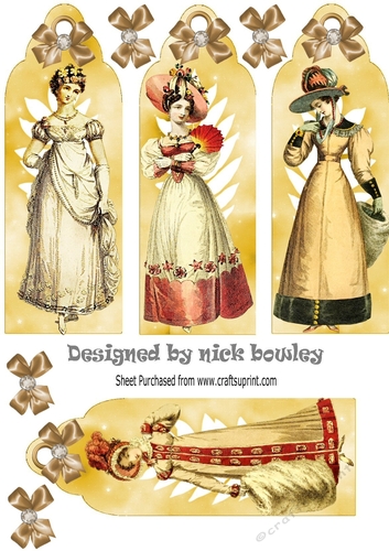 Four lovely vintage ladies with bows on tags/bookmarks