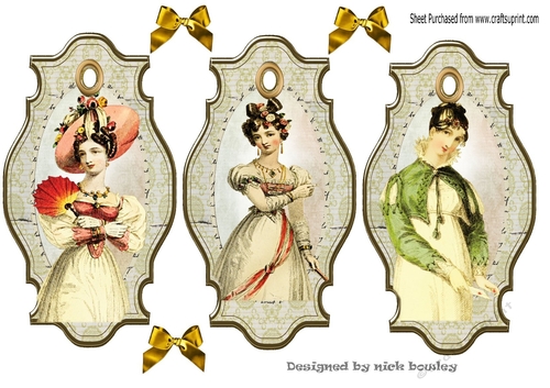 three lovely vintage ladies with gold bow tags/toppers