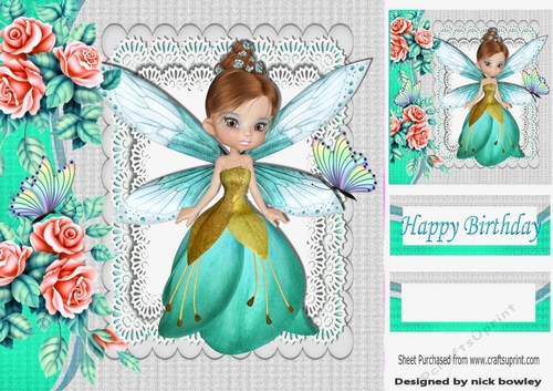 sweet pea turq faerie with pink roses & rainbow butterflies 8x8