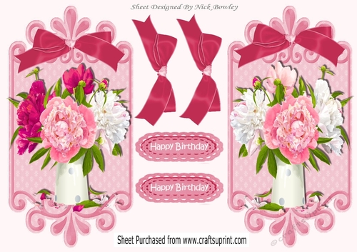 Pretty pink/white flowers in vases with bows card fronts