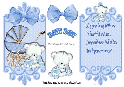 Pram with cute little teddy holding blanket cardfront with insert