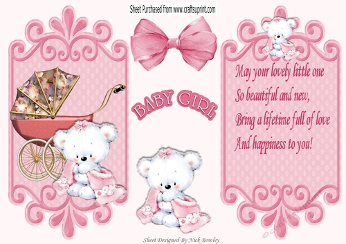 Pram with cute little teddy holding pink blanket card front with insert