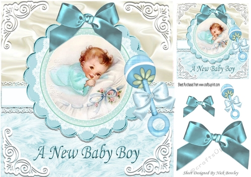 Sweet baby boy with blue bow & rattle on lace/fur 8x8