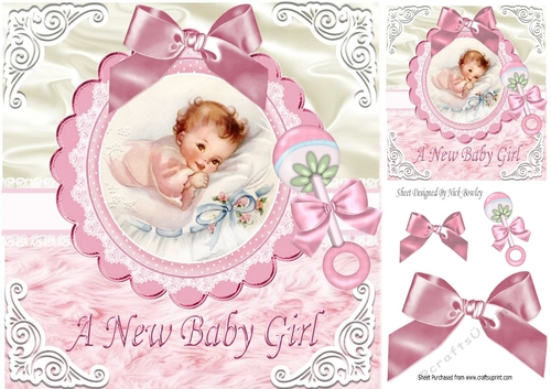 Sweet baby girl with pink bow & rattle on lace/fur 8x8