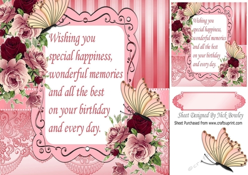 pretty shades of pink roses  & butterflies with verse 8x8