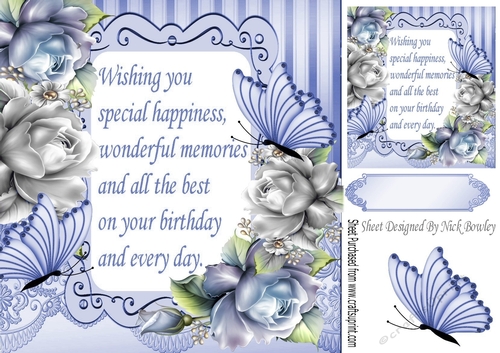 pretty blue & silver roses  & butterflies with verse 8x8