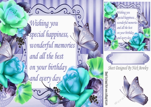 pretty turq/green roses & butterflies with verse 8x8
