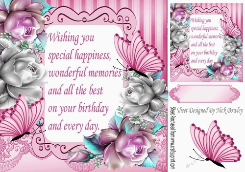 pretty pink & silver roses  & butterflies with verse 8x8