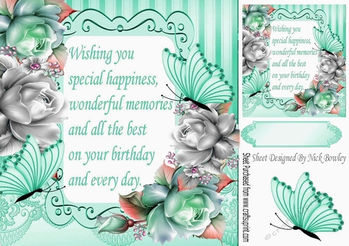 pretty turq & silver roses  & butterflies with verse 8x8