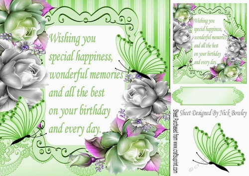 pretty green & silver roses  & butterflies with verse 8x8