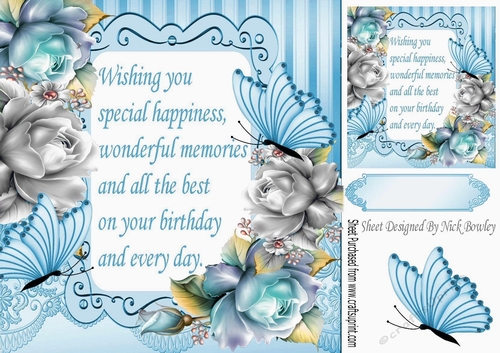 pretty sky blue & silver roses  & butterflies with verse 8x8