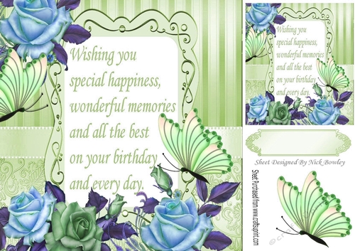 pretty green/blue roses  & butterflies with verse 8x8