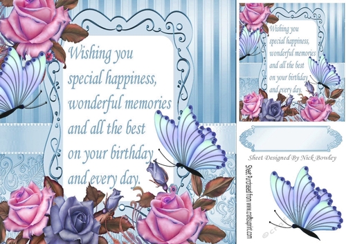 pretty blue/pink roses  & butterflies with verse 8x8