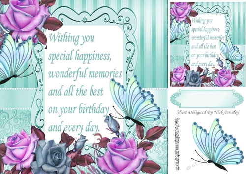 pretty lilac/blue roses  & butterflies with  turq & verse 8x8