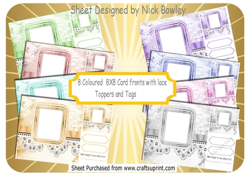 8 Lovely Coloured 8x8 Card Fronts with Lace & borders set