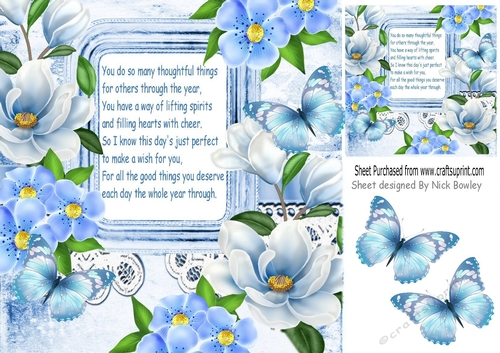 Pretty blue magnolias with flowers on lace with.border 8x8 with verse