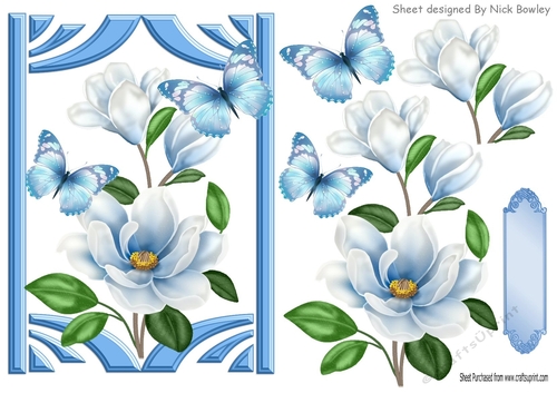 Blue Magnolias with butterflies in retro frame A5