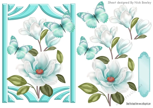 Turq Magnolias with butterflies in retro frame A5