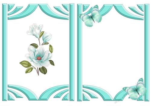 Turq Magnolias with butterflies in retro frame A5 Insert