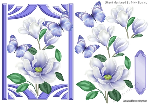Purple Magnolias with butterflies in retro frame A5