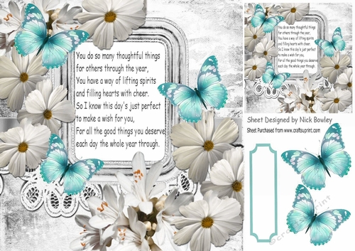 pretty white daisies, flowers and turq butterflies with verse 8x8
