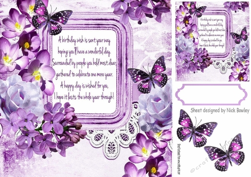 pretty shades of lilac roses, flowers and butterflies with verse 8x8